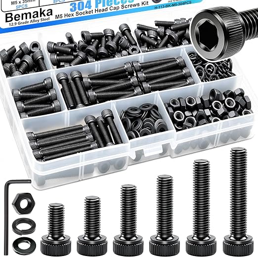 304PCS M5 Screws Kit, M5x8/12/16/20/30/35mm Hex Socket Head Cap Screws Bolts Nuts Washers Kit, 12.9 Grade Alloy Steel Metric Machine Screw for 3D Printing