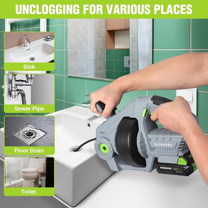 WORKPRO 20V Electric Drain Auger, 25Ft Plumbing Snake Drain Hair Removal Tool Set with 2.0AH Battery and Charger, Toilet Snake for Sewer, Bathroom, Sink, Drain Snake 3/4"-2" Pipe