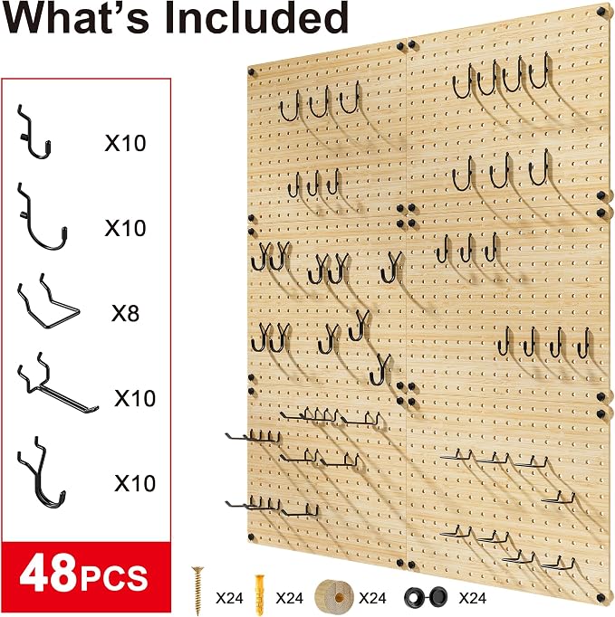VOIMO Bamboo Pegboard Organizer Set, 6 Panels (16"x12") with 48 Hooks – Eco-Friendly Wall Mounted Storage Rack for Tools, Crafts & Office – Natural Bamboo Pegboard System with Accessories