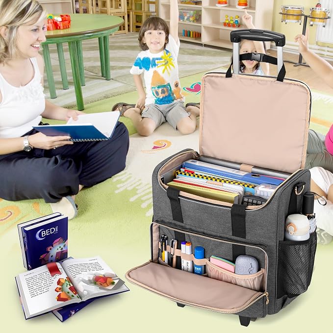 LUXJA Rolling Teacher Bag with Laptop Compartment and Detachable Dolly, Multifunctional Rolling Teacher Tote Bag (Patent Pending), Gray