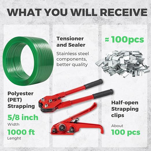 Pallet Banding Strapping Kit, Packaging with Green 5/8" x 1000 Ft PET Strap | 1480 lbs Break Strength Heavy-Duty PET Strapping, Tensioner & Sealer Tool, 100 Metal Seals, For Shipping, Bundling & Cargo