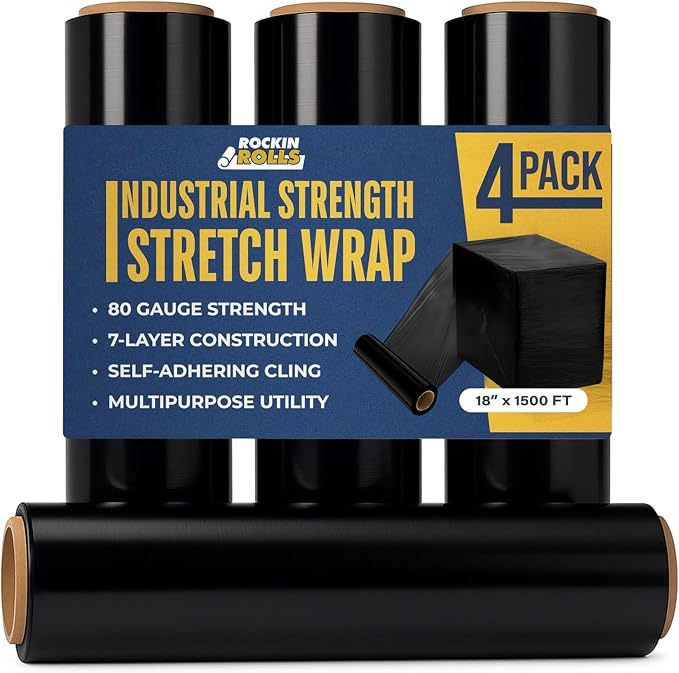 Stretch Film Wrap - Black, 18"x1500 ft, 80 Gauge – 4 Rolls Heavy Duty Pallet Wrap Stretch Wrap Roll for Packing, Moving & Shipping – Industrial Strength Durable Self Adhering Shrink Wrap Roll