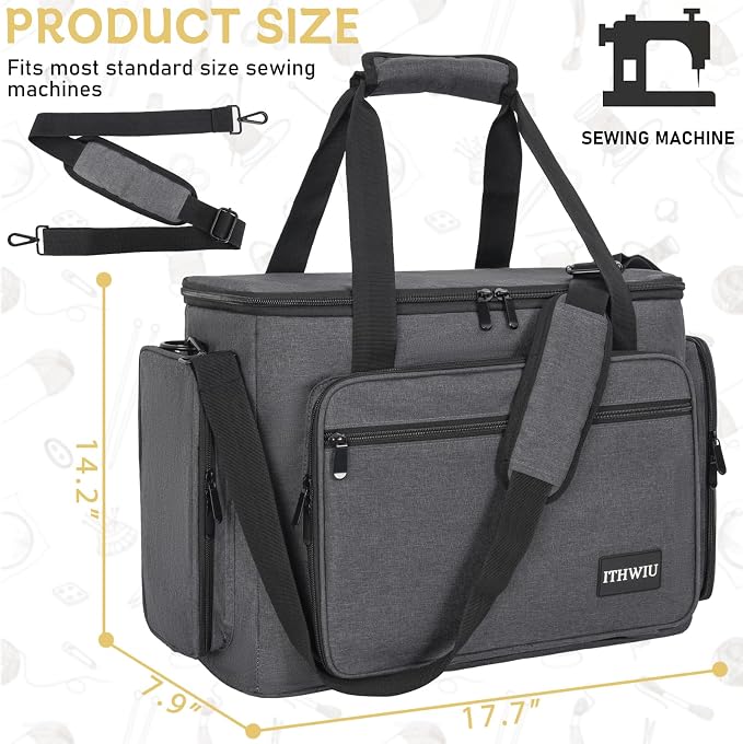 Sewing Machine Case with Wheels, Universal Rolling Trolley Tote with Shoulder Strap & Multiple Storage Pockets Compatible with Most Standard Singer, Brother, Janome, Grey