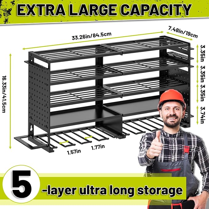 5 Layers Power Tool Organizer Wall Mount, Metal Cordless Tool Hanger Storage Rack Holder with 8 Drill Holders, Heavy Duty Garage Wall Tool Shelf for Workshop Tool Room Shed Pegboard (Black)