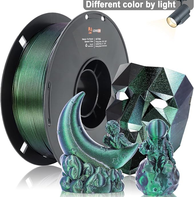 LOVOON 3D Printing PLA Filament 1.75mm Sparkle Glitter, Burnt Titanium 3D Printer Filament, Sparkle in Sunlight Filament, Subtle Glitter Under the Light, Galaxy Green, 1KG(2.2lbs)/Spool