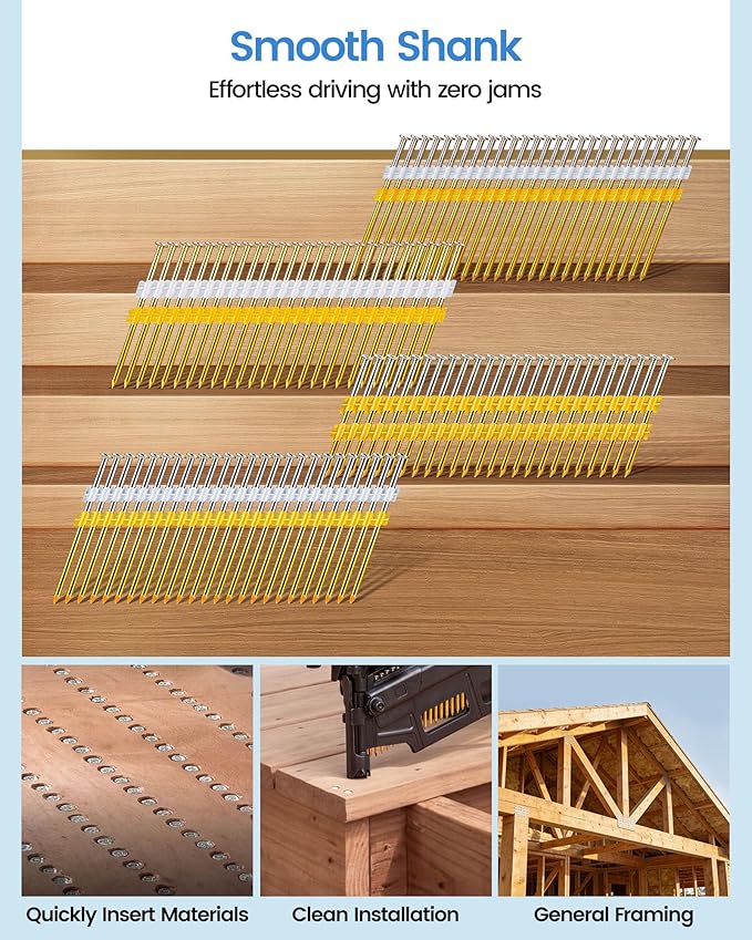 meite 21 Degree Framing Nails 3-1/4 Inch Galvanized Plastic Collated Framing Nails, Full Round Head Smooth Shank Structural Nails for 20°-22° Framing Nailer Gun Roof Decking Sheathing 1,000PCS | Full Round Head Smooth Shank Framing Nails, for 20-22° Pn...