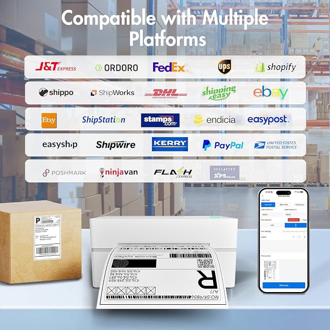 Bluetooth Thermal Shipping Label Printer: 4x6 Wireless Label Maker with Tape for Small Business - Compatible with iPhone, Android, Windows & Mac, Widely Used for USPS UPS Amazon Shopify, White