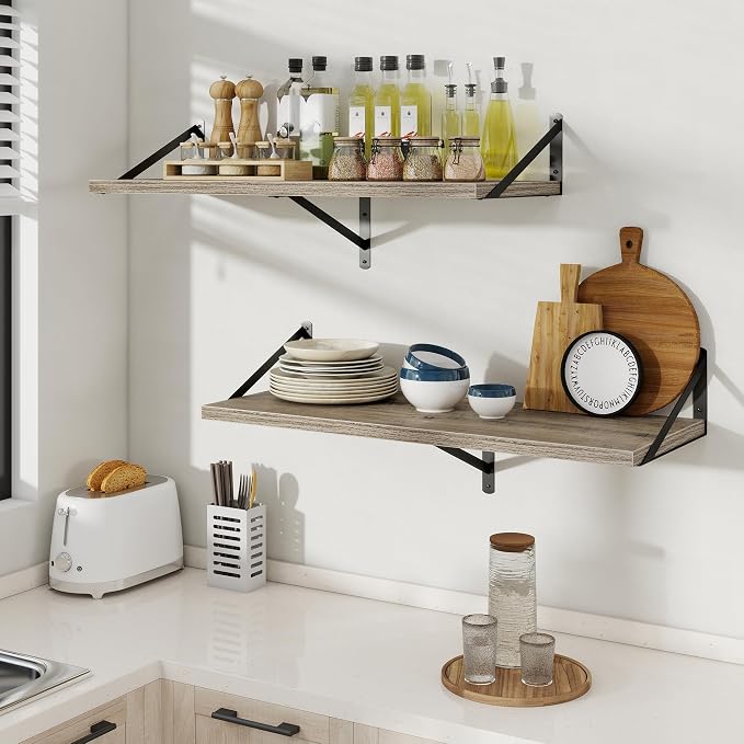 Floating Shelves 12 Inch Deep, 16W x 12D Wall Shelf Set of 2, 35 lbs Heavy Duty Reversible Metal Brackets, Deep Industrial Book Shelf for Living Room Kitchen Bath Bedroom Coffee Bar, Grey