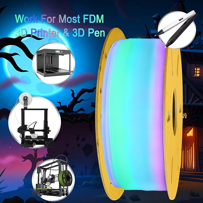 Glow in Dark Fast Color Change Rainbow PLA 3D Printing Filament, Tidy Winding 1.75mm PLA, Widely Fit for 3D Printer; 1KG 2.2LBS Cardboard 3D Printing Material, Glowing in Dark Multi Colored