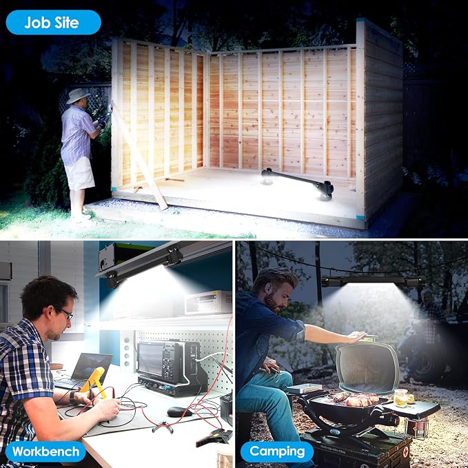 Ropelux Mechanic Work Light Bar with 2500LM 5200mAh Battery, Black 2 Pcs | 2-Level Brightness, 7500K Cool White, 4-10 Hours Runtime, Magnetic Bases, Hooks, 360° Rotating, Rechargeable, Tool Gift