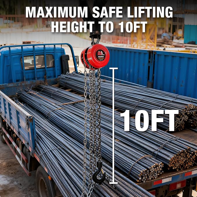 Big RED 1 Ton Hand Chain Hoist, 2000 Lbs Capacity, 8 ft Lift, Manual Chain Block with Safety Hooks for Warehouse, Automotive, Industrial Use