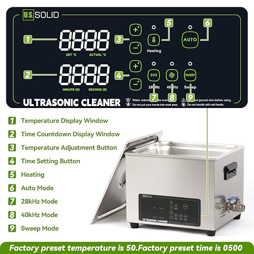 U.S. Solid 30L Ultrasonic Cleaner - 28/40kHz Dual-Frequency Digital Ultrasonic Cleaning Machine with Heater, Timer, and Degas Function
