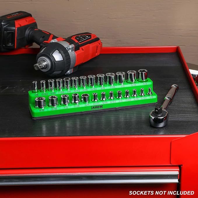 ARES 60005-26-Piece 1/4 in SAE Magnetic Socket Organizer -GREEN -Holds 13 Standard (Shallow) and 13 Deep Sockets -Perfect for your Tool Box -Also Available in RED