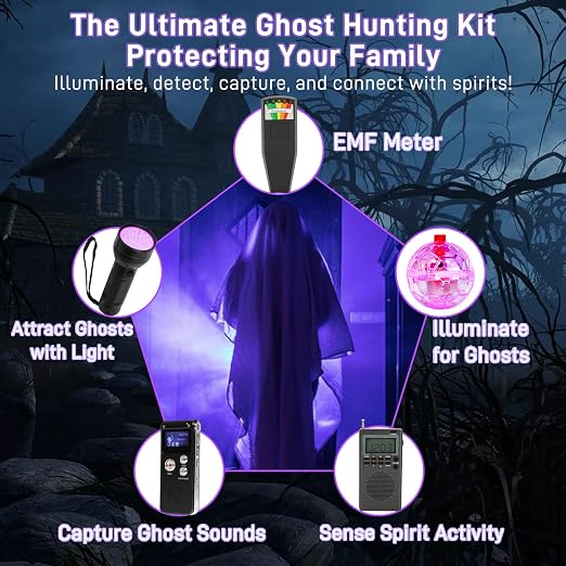 8 Pcs Ghost Hunting Kit with 1 EMF Meter,1 EVP Recorder,1 Spirit Box,1 UV Light,3 LED Light up Cat Balls & 1 Carrying Case