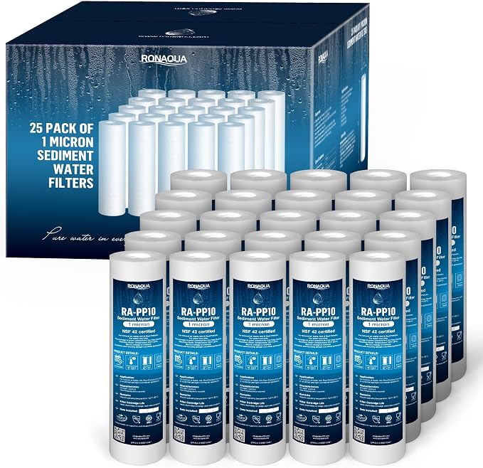 Ronaqua 1 Micron Sediment Water Filter Cartridge 10"x2.5", NSF Certified, 4-Layer Filtration for any 10-inch RO Units & Whole House Systems, Compatible with Culligan P5, AP110, WHKF-GD05, 25 Pack
