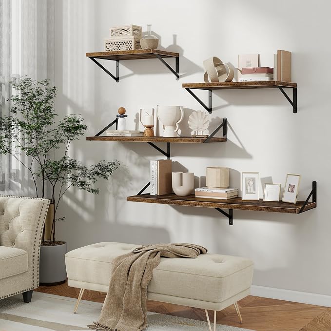 Floating Shelves 12 Inch Deep, 16W x 12D Wall Shelf Set of 2, 35 lbs Heavy Duty Reversible Metal Brackets, Industrial Book Shelf for Living Room Kitchen Bath Bedroom Coffee Bar, Rustic Brown
