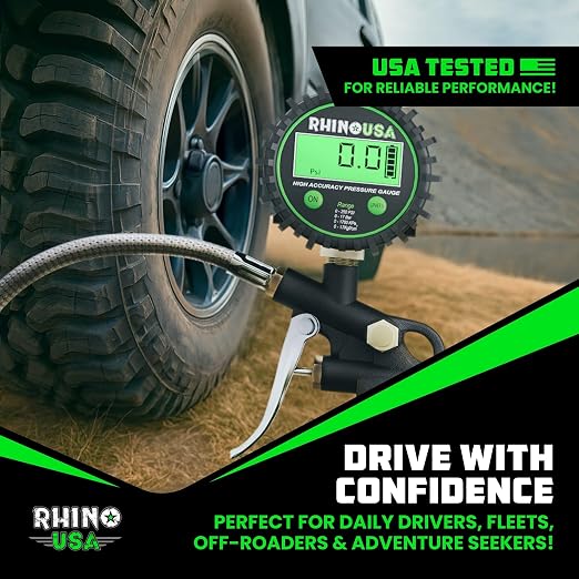 Rhino USA Digital Tire Pressure Gauge with Inflator (250 PSI) Professional Air Chuck & Air Compressor Attachments - High Pressure Tire Gauge with 0.1 Display Resolution - Best Car Accessories (1-Pack)