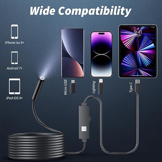 Endoscope Camera with Light,1920P HD Borescope Tools with 8 Adjustable LED Lights, Endoscope with Semi-Rigid Snake Camera, IP67 Waterproof Inspection Borescope for iOS and Android-32.8ft Single Lens