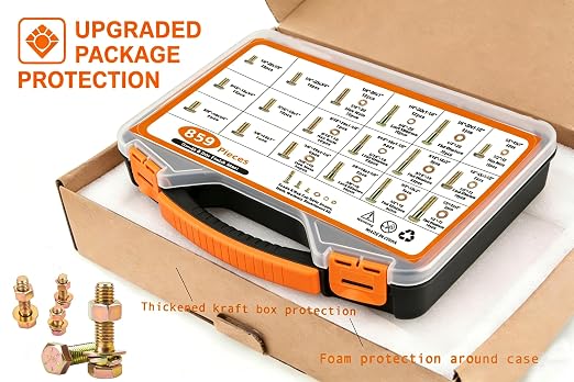 859PCS Grade 8 SAE Bolt Assortment Kit with Storage Box, Heavy-Duty Yellow Zinc Plated Alloy Steel Hex Bolt Set, Nuts with Flat & Lock Washers (1/4-20,5/16-18,3/8-16,1/2-13) for Home Improvement