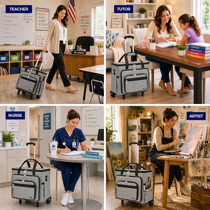 Upgraded Rolling Bag with Detachable Dolly, Heavy Duty Wheeled Teacher Bag, Multifunctional Rolling Briefcase for Work, Office, Craft Storage & Travel (Grey)