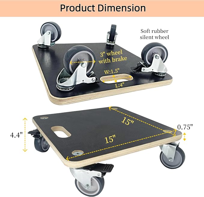 Furniture Moving Dolly Wood Platform Dolly 2 Packs, 1100 lbs Capacity Heavy Duty Wood Dollies cart with Wheels, Movers Carrier with 4 Soft Rubber Silent Wheels （2 with Brake+ 2 Without）