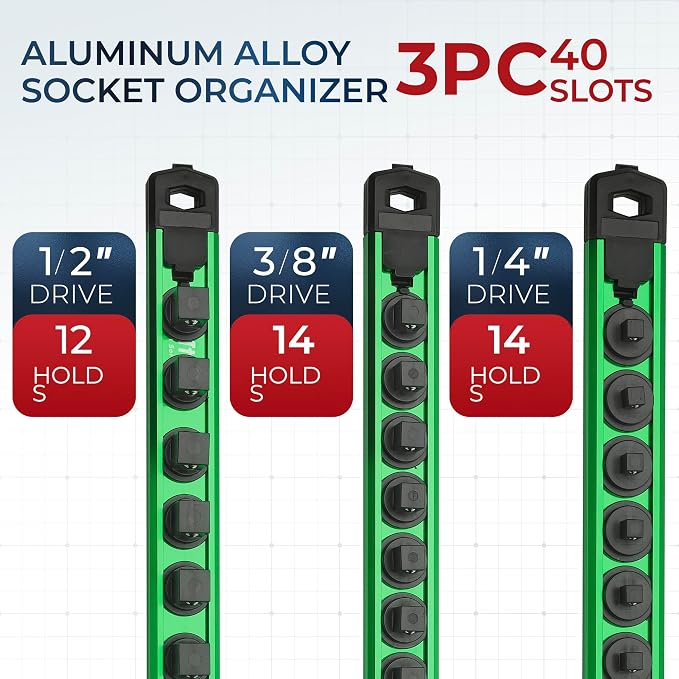 Reniteco Magnetic Socket Organizer Set, 3-Piece 1/2" 3/8" 1/4" Drive Aluminum Alloy Socket Holder with 40PC 360° Swivel Removable Clips, Magnetic Socket Rail for Tool Box Drawer, Green
