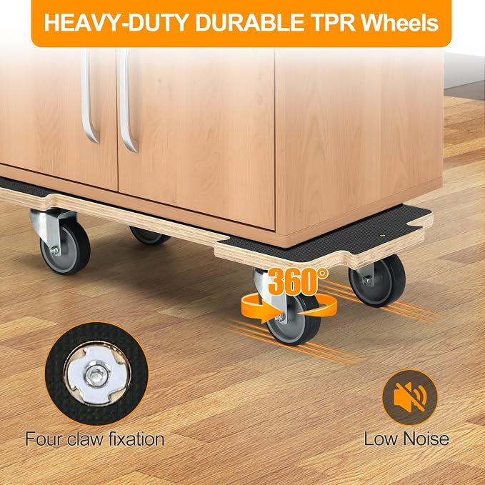 551LB Spliceable Heavy Duty Moving Dolly, No-Assembly Utility Cart | 3" Silent TPR Wheels, 11-Layer Plywood Base, 4-Wheel Hand Truck for Luggage, Furniture, Warehouse