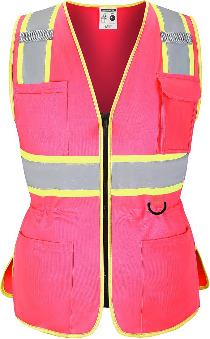 FATONE Women's ANSI Class 2 High-Vis Safety Vest with Reflective Strips, Zipper Pockets & Adjustable Waist - Pink/Yellow Construction Work Vest for Warehouse Personnel, Road Crews XS