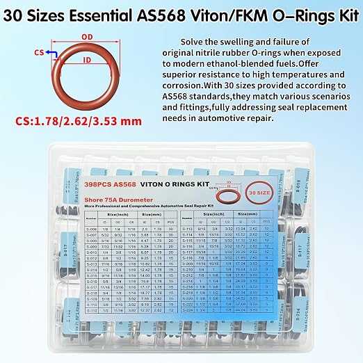 398PCS Viton O Rings for Car Repair, 30Sizes AS568 Viton O-Ring Kit, SAE FKM O Ring Seals for Auto Fuel,Hydraulic,A/C and Oil-line System, High Temperture Resistance Fluorocarbon Sealings