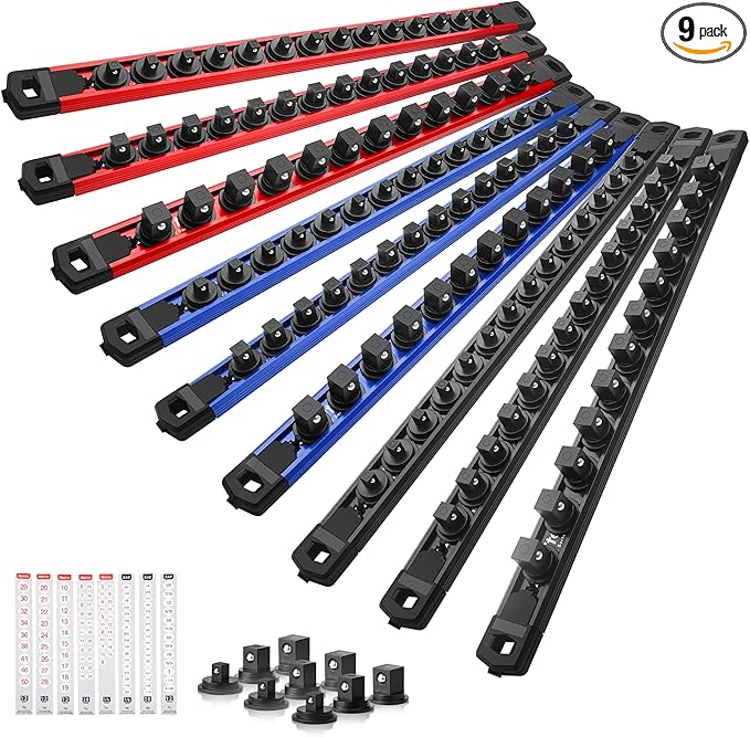 Reniteco Magnetic Socket Organizer Set, 9PC 1/2" 3/8" 1/4" Drive Aluminum Alloy Socket Holder with 120PC 360° Swivel Removable Clips, Magnetic Socket Rail for Tool Box Drawer, Multi