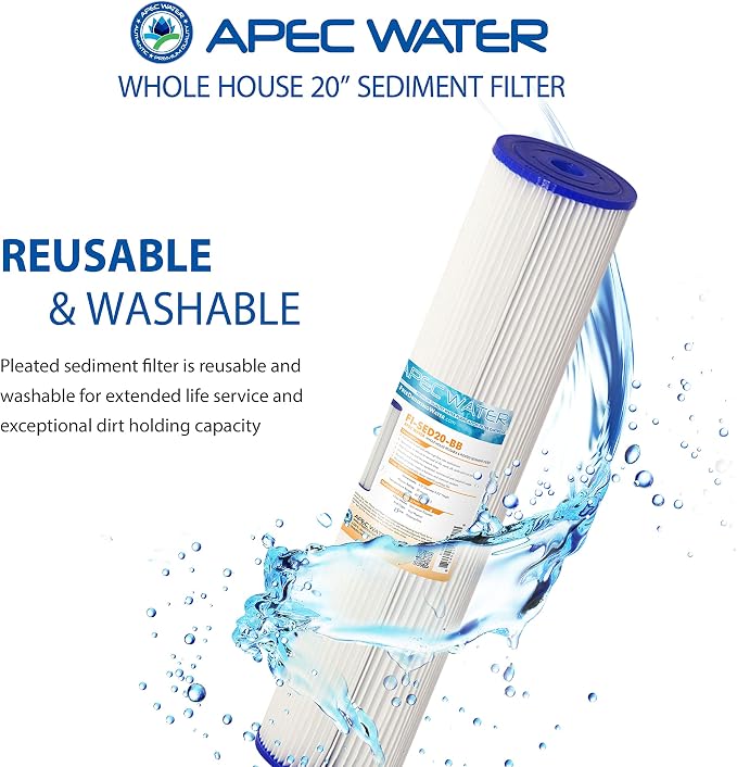 APEC FI-SED20-BB-A Water Systems FI-SED20-BB 20" Whole House Reusable & Pleated Sediment Filter 4.5" X 20", White