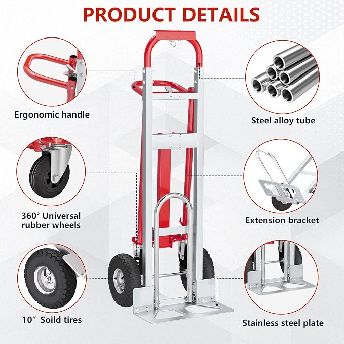 4 in 1 Convertible Hand Truck-1,000lb Heavy-Duty Folding Hand Truck Dolly Cart with Solid Wheel, 1000LBS Heavy Duty Steel Dolly for Logistics, Warehouse, Home, Office Moving, Delivery