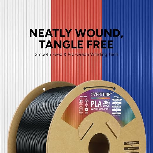 OVERTURE PLA Filament 1.75mm, Neatly Wound 3D Printer Filament 2kg Spool (4.4lbs), Dimensional Accuracy +/- 0.02 mm, Fit Most FDM 3D Printers (Black 2KG-1 Pack)