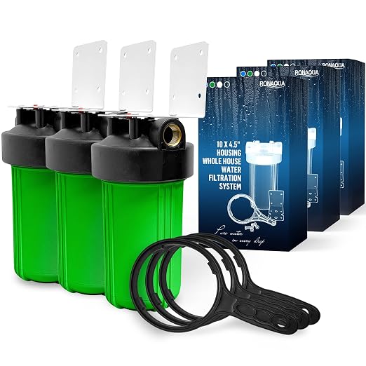 High Capacity 10 x 4.5” Whole House Filter Purifier System for Well or City Water, Presser Relief Button, 1” NPT Brass Port, Double O-Ring, Meets NSF Standards & Regulations (Green, 3 Sets)