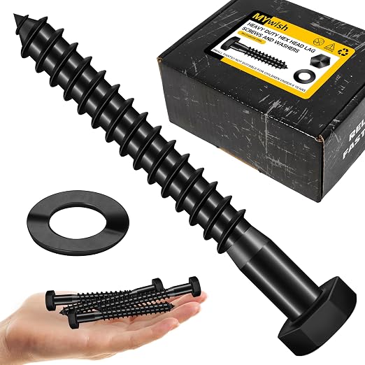 Mywish (50Sets) 3/8" x 3" Lag Bolts, 304 Stainless Steel 3/8 inch Lag Screws Bolts for Wood, Heavy Duty Hex Head with Flat Washers Bolt Kit, Black Oxided
