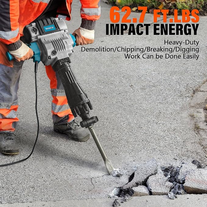Berserker 2100W 50-Pound Demolition Jack Hammer 125K with 1-3/16" Hex,17Amp | Full-Size Heavy duty Corded Electric Concrete/Pavement Breaker with Wheeled Carrying Case, Flat Chisel, Bull Point Chisel