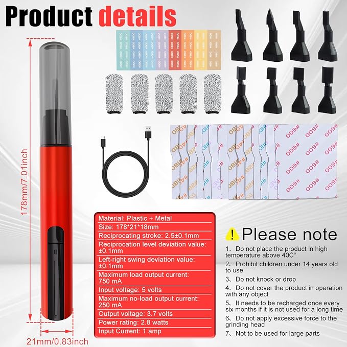 Electric Reciprocating Sander Mini Pen Detail Sander Tool USB Quick Charging Sanding Pen Portable with 8pcs Sanding Head Self-Adhesive Sandpaper 3 Gears Adjustable for Grinding Polishing