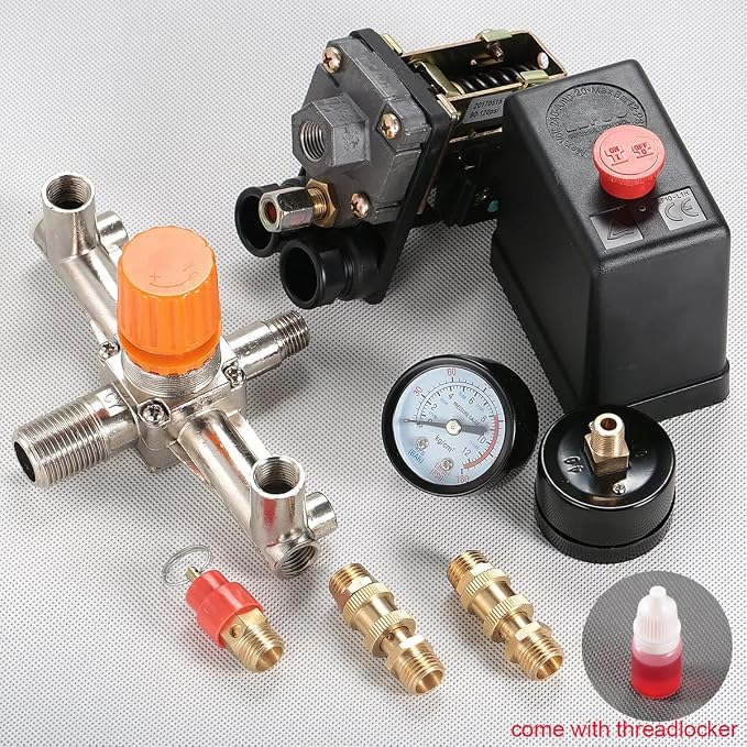 Secbolt Pressure Switch Manifold Regulator Gauges Air Compressor Pressure Switch Control Valve 90-120PSI (Vertical Switch)