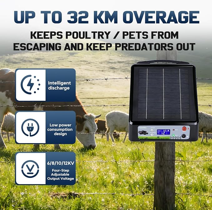 20 Miles Solar Electric Fence Charger, Adjustable Output Voltage: 6/8/10/12kV, 2J Solar Powered Electric Fence Charger Supports Battery/Solar/AC Power,Ideal for Livestock/Garden/Yard/Farm Protection