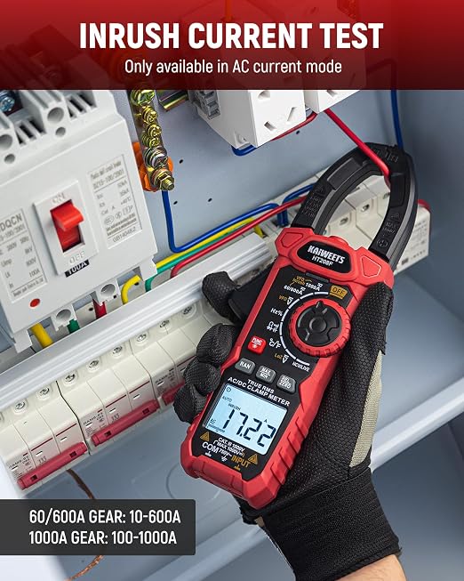 KAIWEETS HT208F Inrush Digital Clamp Meter 1000A and KAIWEETS KET01 Silicone Multimeter Test Leads with Gold-Plated Probes, 48 inch Long