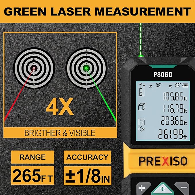 PREXISO Laser Measure Rechargeable, 265Ft Green Beam Laser Measurement Tool & PREXISO 2-in-1 Laser Level Spirit Level with LED Lights, 32Ft Line and 98Ft Point