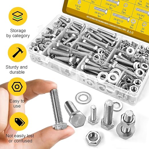 260PCS Hex Bolts and Nuts Assortment Kit,1/4-20, 5/16-18, 3/8-16 Hex Head Bolt Nut and Flat & Spring Washers Assorted,304 Stainless Steel, Fully Threaded