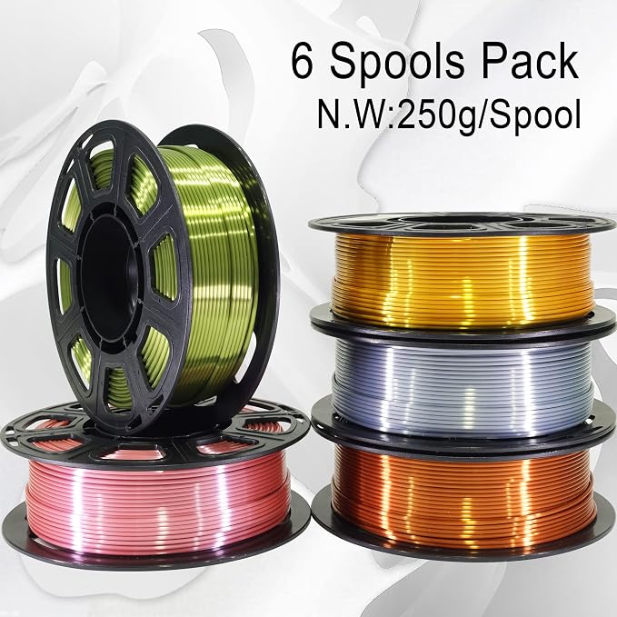 1.75mm Silk PLA Filament 5 in 1 Bundle Pack, 5 Silk Metallic Shiny Colors: Gold/Silver/Copper/Bronze/Rose Gold, Each Spool 250g, 5 Spools, Total 1.25Kg 3D Printing Material, 250g x 5 Spools