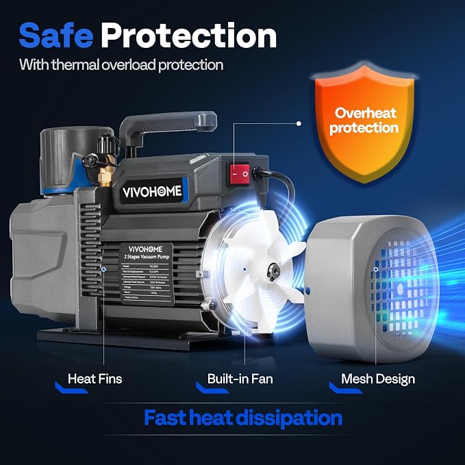 VIVOHOME 1.5 HP 14.4 CFM 2 Stage A2L HVAC Vacuum Pump, Sparkless Motor for R32 R1234yf R454B R134a R22 R410a Systems, Auto AC Vacuum Pump for Air Conditioner Resin Degassing with Oil Bottle