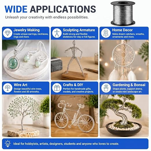 Therwen 100ft 12 Gauge Stainless Steel Wire for Gardening, Electroculture, Bonsai, Jewelry Making Beading DIY Craft Pure Bare Stainless Steel Wire Spool