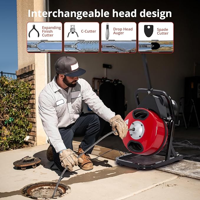 Drain Cleaning Machine, 50FT x 1/2 Inch Professional Electric Drain Auger with 4 Cutters & Foot Switch and Pair of Gloves for 1 to 4 Inch Pipes, Red, Black