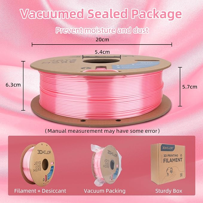 3DHoJor Silk PLA Filament 1.75mm, PLA Filament 1.75mm Silk Shiny 3D Printer Filament, 1kg Cardboard Spool (2.2lbs), Dimensional Accuracy +/- 0.03 mm, Fit Most FDM Printer（Pink）