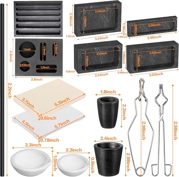 16 Pcs Graphite Torch Melting Casting Kit, Includes 2 Graphite Crucibles for Melting Metal, 2 Stir Stick, 6 Casting Mold, 2 Soldering Block, 2 Quartz Crucible, 2 Tongs