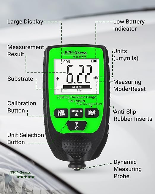 Paint Thickness Gauge CM-205FN for Cars – Digital Coating Thickness Meter, Auto Fe/NFe Detection, 0.1 μm Resolution, 0–1500 μm (0–59.1 mils), ±(3%+2 μm) Accuracy, Backlit LCD