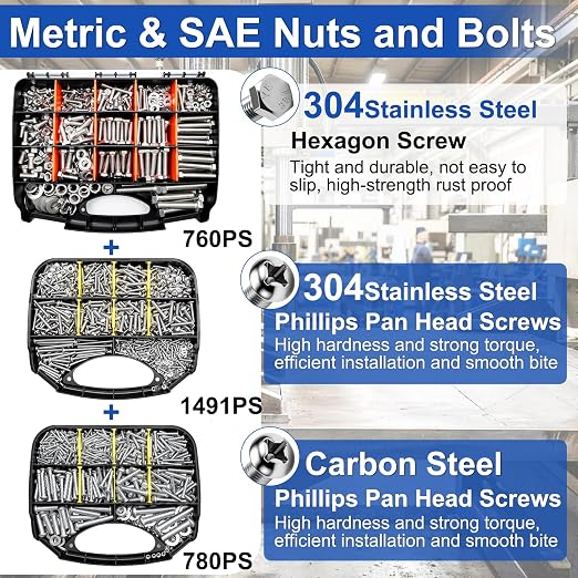 Taiss Nuts and Bolts Assortment Kit SAE & Metric Phillips Head Bolts Kit 780PCS +1491PCS,and 760PCS SAE Hex Bolts Set with Nuts & Washers,304 Stainless Steel/Carbon Steel Hardware Assortment Kit